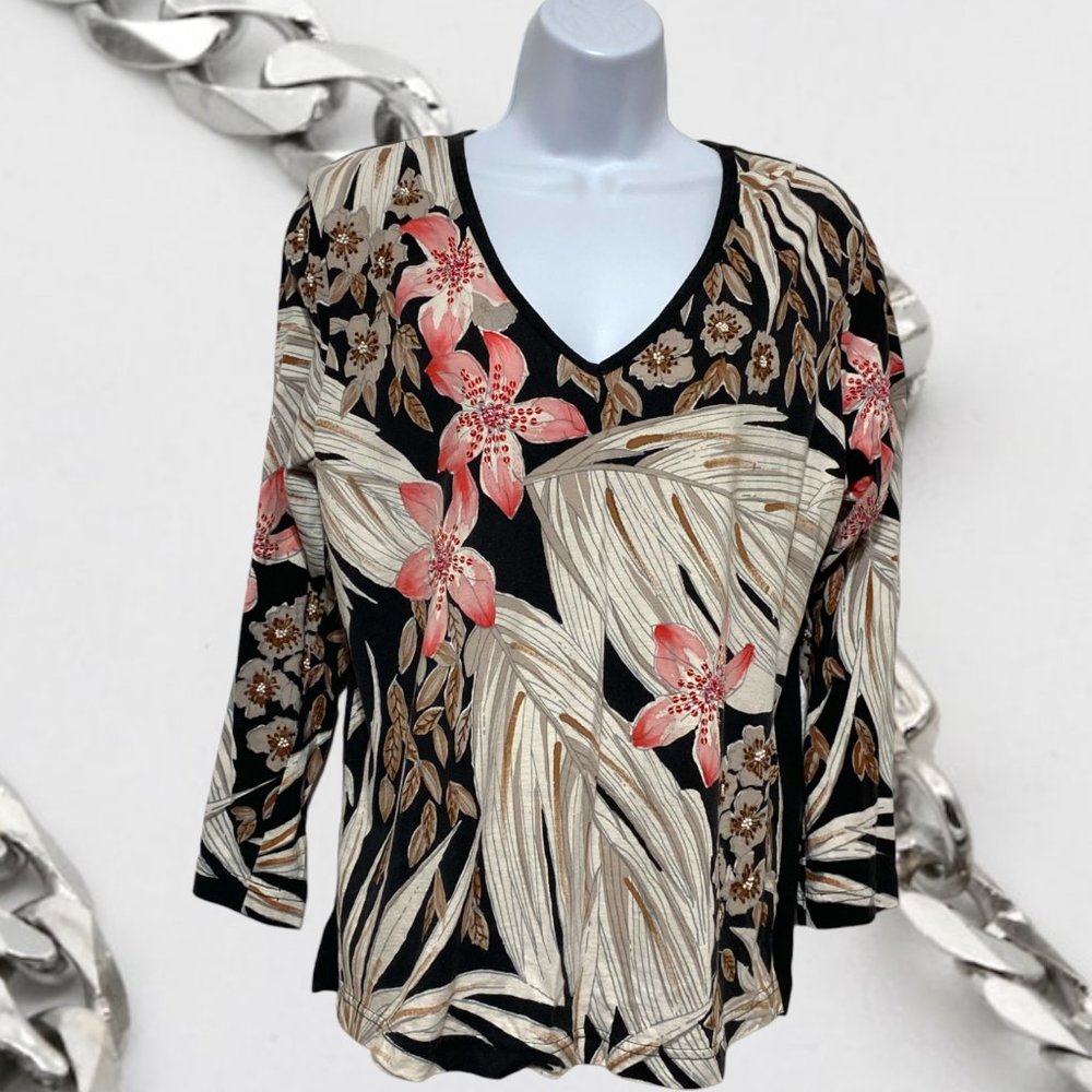 Women's Size Large Top V-Neck Detailed Beads & Sequins Floral Design By-LA Blend